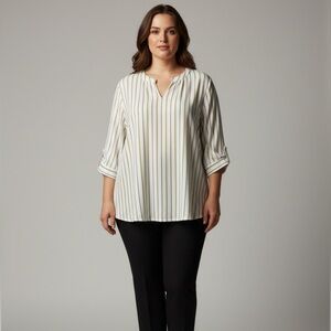 PerSéption Women's Plus 3X Striped pullover blouse White greenish Yellow black